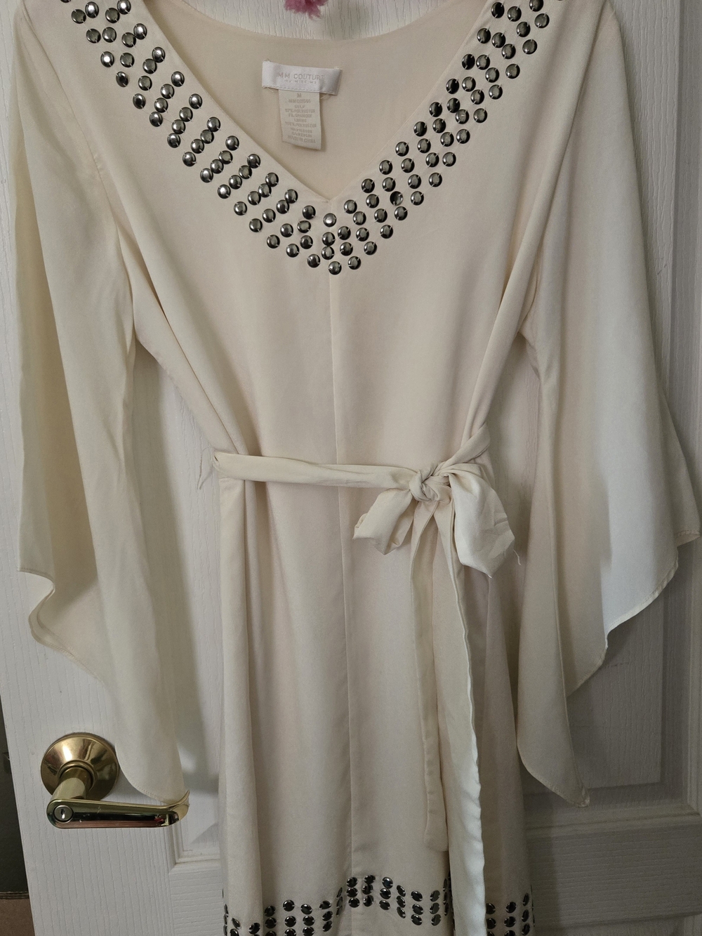 MM Couture Cream Long Sleeve V-Neck Dress with Silver Studs